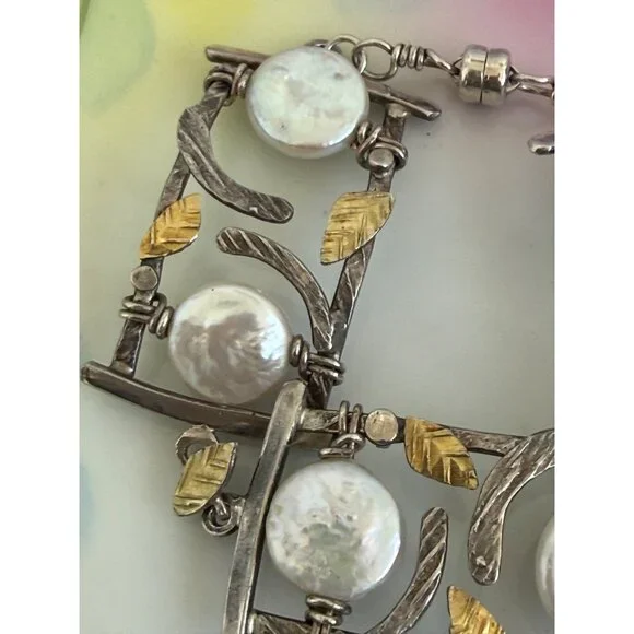 Vintage 90s Modernist Donna Burdic Bracelet Coin Pearls Sterling Gold Leaves